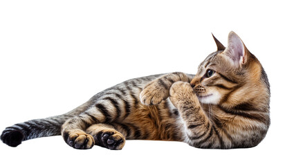 Isolated adorable tabby cat lying playfully with paws near its face, cute studio animal © Andrei