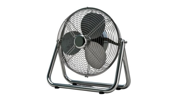 Isolated retro style metal desk fan with chrome finish, a classic cooling appliance for indoors