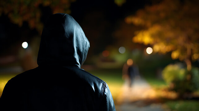 Mysterious Figure in Hooded Jacket Observes Silhouetted Person on Path at Night, Evoking Suspense and Urban Intrigue