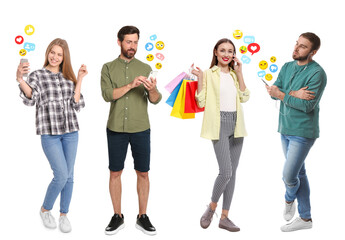 Obraz premium People using mobile phones, collection of portraits on white background. Social media notifications near them
