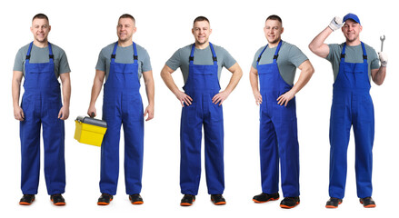 Fototapeta premium Repair technician in uniform. Collection of portraits on white background
