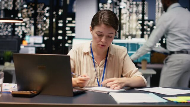 Overwhelmed woman tearing paper in frustration after making a mistake in administrative tasks. Manager feeling anxious and sad about poor performance metrics, pressure to deliver solutions.