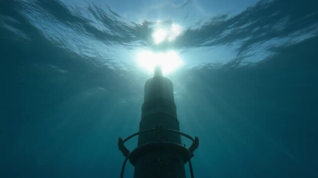Naval mine silhouette drifting deep underwater with sunlight rays