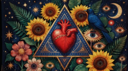 Obraz premium Surreal illustration features mystical heart within triangle surrounded by sunflowers, eyes, and blue bird against starry night sky. Elements of nature and cosmic symbolism combine for spiritual vibe.