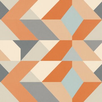 Geometric abstract pattern features interlocking rhombuses, parallelograms in orange, grey, cream, pale blue. Repeating shapes create retro mid century modern seamless background design. Minimalist,