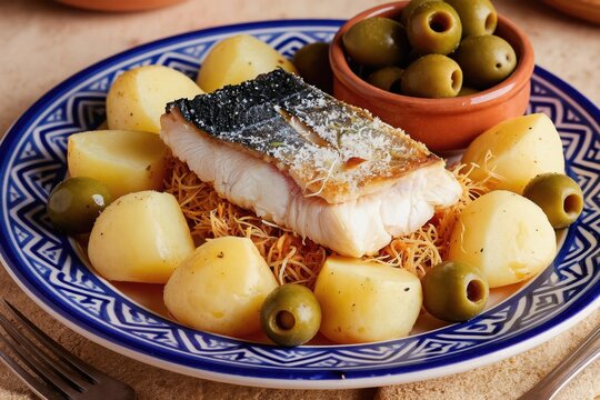 Portuguese cod fish dish with potatoes and green olives served on blue plate. Bacalhau a Gomes de Sa meal is hearty and flavorful, traditional cuisine.
