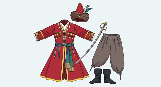 Historical Costume Set: Cossack Warrior Outfit with Sabers