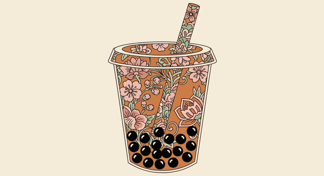 Floral Boba Tea Cup with Tapioca Pearls and Straw