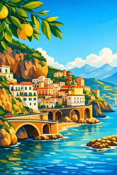 Morning view of Amalfi cityscape on coast line of mediterranean sea, Italy