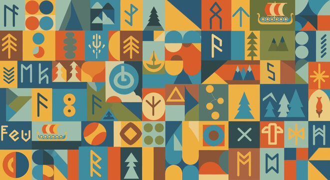Norse Symbols and Icons Pattern, Geometric Scandinavian Design