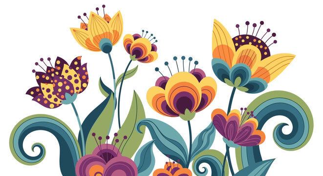 Whimsical Floral Illustration, Colorful Decorative Flowers, Spring Garden Art