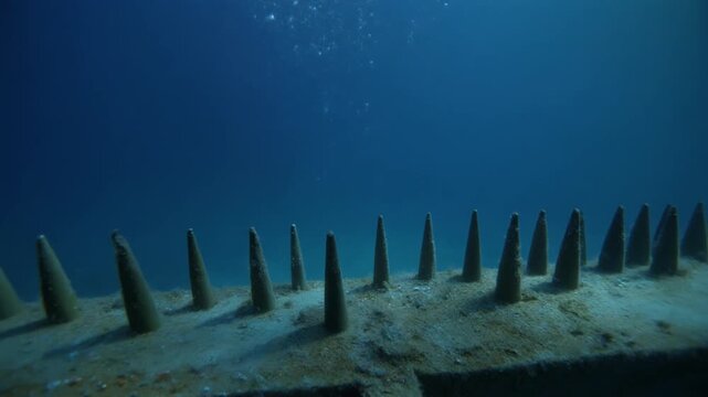 Submerged naval mine spikes with rising air bubbles in deep blue sea