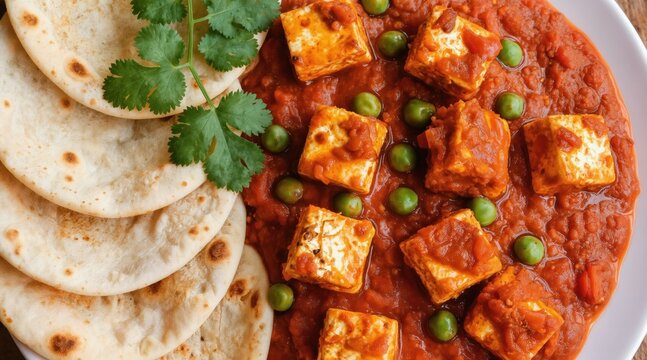 Indian cuisine dish of matar paneer in red tomato sauce with green peas. Cubes of soft cheese and round legumes are served with flatbread roti and fresh cilantro garnish.
