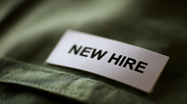 A close-up view of a white rectangular tag with 'NEW HIRE' printed on it in bold black letters, set against a dark green textured fabric background