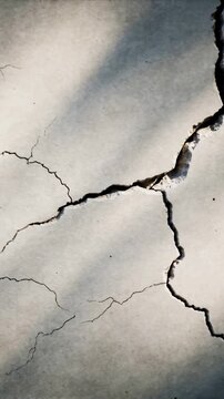 Vertical video: Panning camera revealing concrete slab widening fissure on patio, hairline cracks