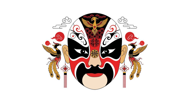Chinese Opera Mask with Phoenix and Clouds