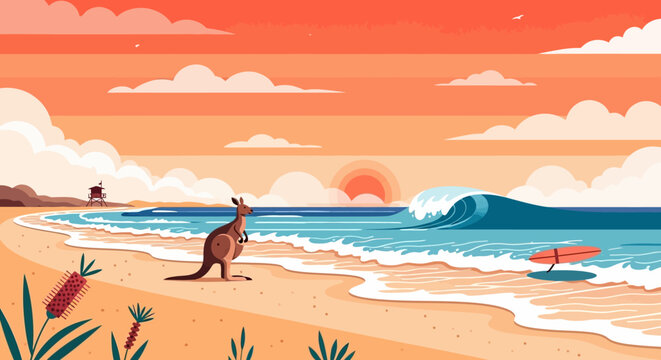 Kangaroo on beach at sunset with surf wave and lifeguard tower