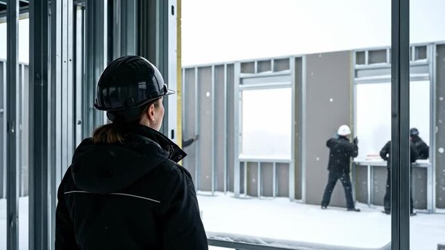 Female Construction Supervisor Overseeing Winter Building Site Installation of Metal Stud Framing and Wall Panels
