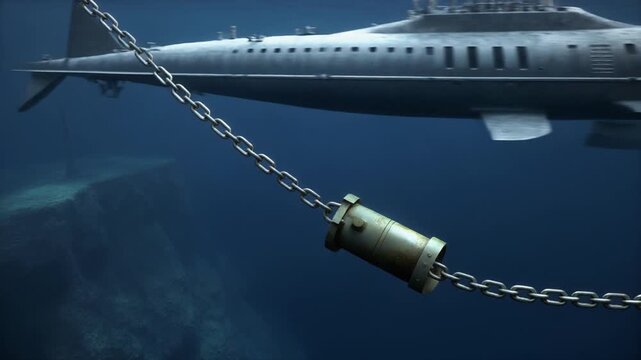 Submarine passing near a tethered naval mine in the deep blue ocean
