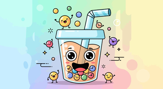 Cute Boba Tea Character with Friends, Kawaii Drink Art