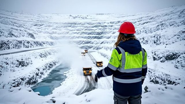 Female Mining Engineer Overseeing Open Pit Mine Operations in Winter Conditions with Haul Trucks