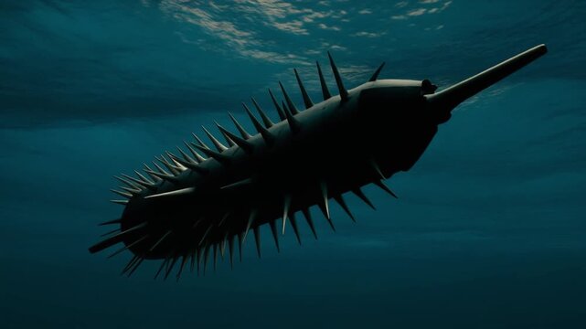 Spiked naval mine drifting through the dark deep blue ocean water