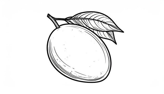 Simple mango fruit outline with leaves line art drawing