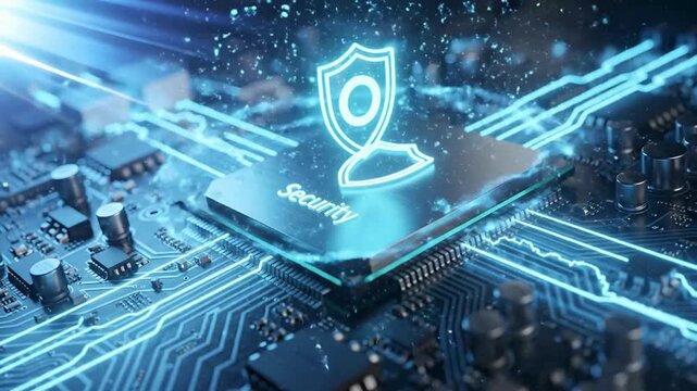 Cyber security processor animation for digital data protection, futuristic ai motherboard background video, glowing network shield and secure technology concept