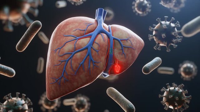 3D Illustration of Human Liver Infected with Viruses and Bacteria