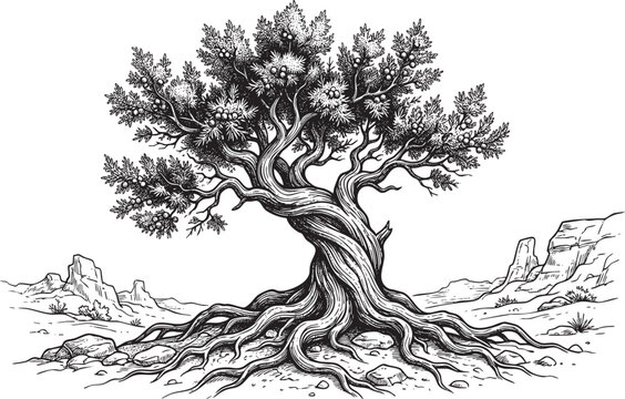 Juniper tree on rocky cliff in traditional fine art style, vintage hand-drawn vector etching illustration of botanical wilderness and alpine nature.