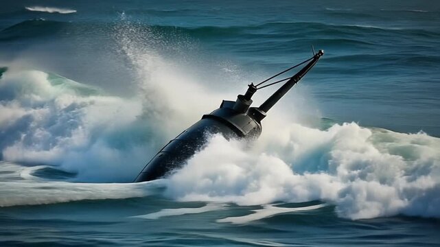 Dark naval mine bobbing in turbulent ocean waves during a storm