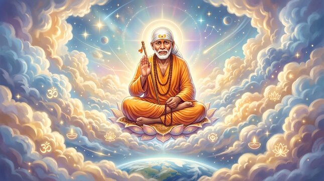 Spiritual Sai Baba Meditating on Lotus Flower Amidst Heavenly Clouds and Cosmic Elements Above Earth