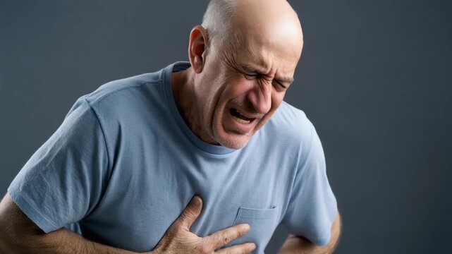 Senior man suffering from severe chest pain or heart attack agony