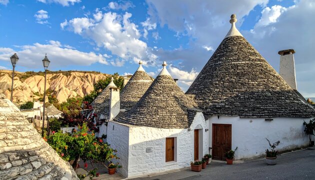 White trulli houses with conical roofs in Alberobello Italy.