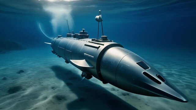 Cinematic naval mine moving through deep blue underwater depths