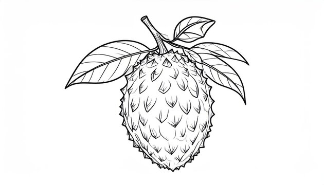 Whole soursop fruit with leaves hand drawn botanical sketch.