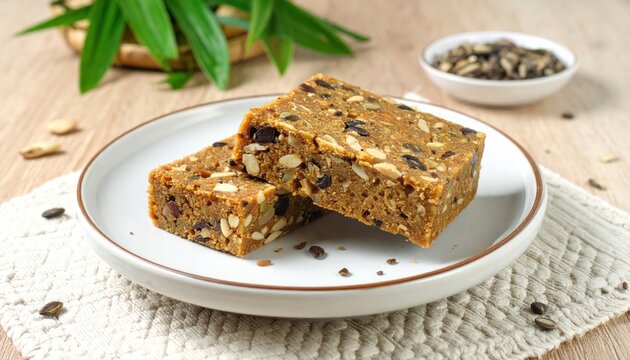 Wholesome grain and nut bars on white ceramic plate.