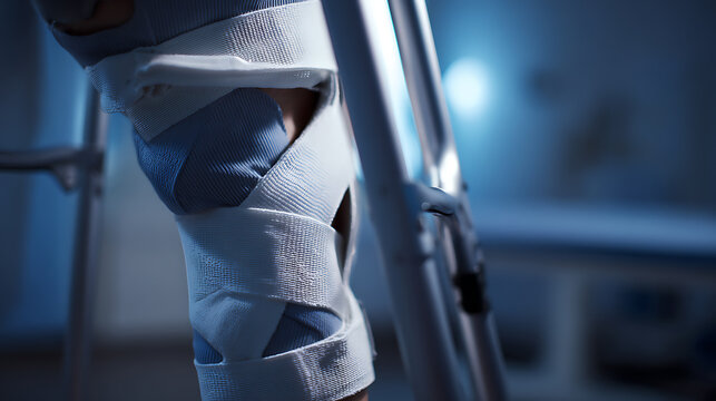 Close-up of a patient's leg with a knee brace and elastic bandages, next to a rehabilitation walker in a medical setting, focus on recovery