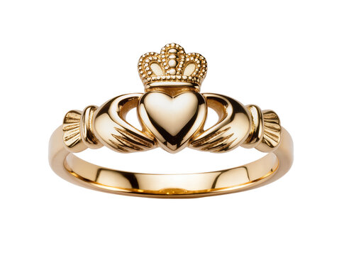 Isolated traditional Irish gold Claddagh ring symbolizing love friendship and loyalty