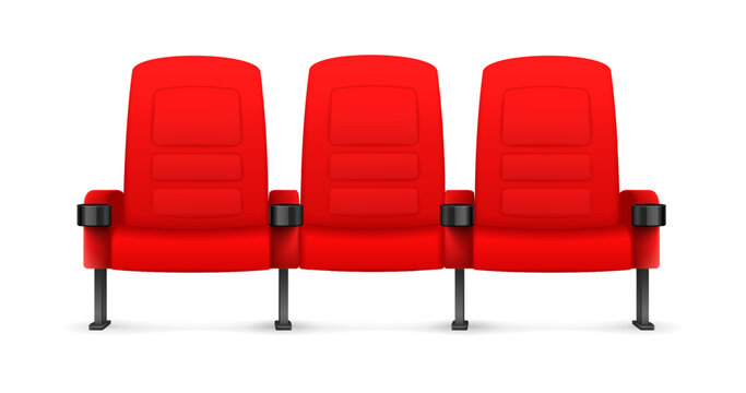 Row of three red cinema seats. Realistic movie theatre armchairs. Vector Illustration Isolated on white background.