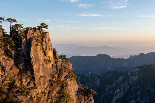 View of the jagged granite peaks and ancient pine trees of Huangshan under a clear sky at sunset Huangshan City, Anhui, China.