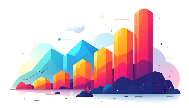 Pixelated bar graph and mountain landscape illustration, representing business growth, data analysis, and financial progress