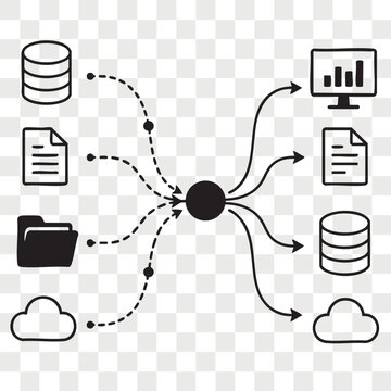 Data centralization sorting sketch with database storage network nodes cylinder and files transmission