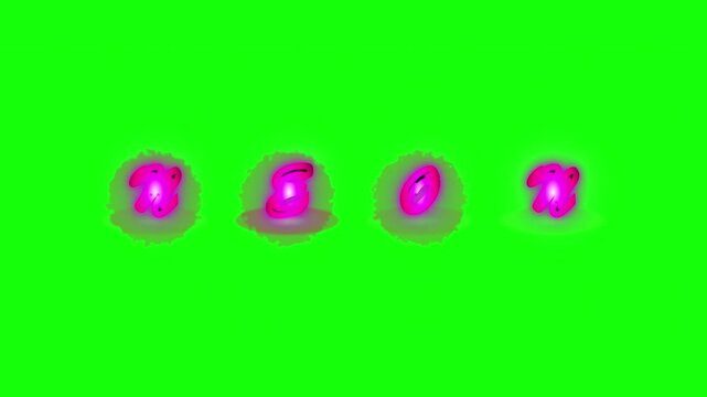 Four pink objects are displayed on a green background horizontally