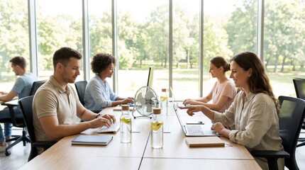Fototapeta premium Diverse Young Professionals Collaborating in Modern Bright Office Workspace Using Laptops for Business Projects