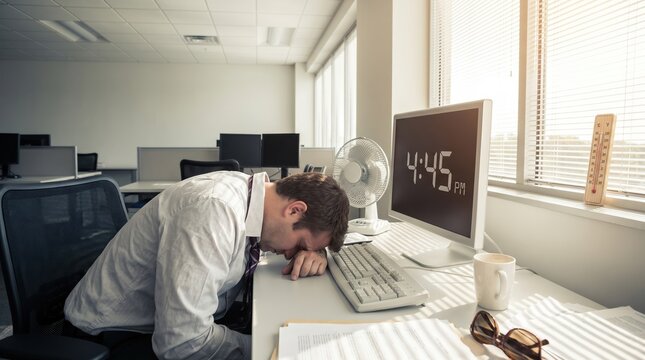 Exhausted Caucasian businessman sleeping at office desk at end of workday representing burnout and workplace fatigue
