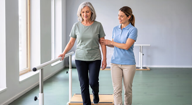 Smiling older woman performing step exercises with a physical therapist in a bright rehabilitation clinic. Senior female patient holding parallel bars for mobility support. Assisted therapy concept