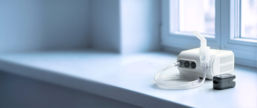 Home nebulizer and pulse oximeter on a windowsill. Medical equipment for respiratory therapy and health monitoring. Wide shot with copy space for text
