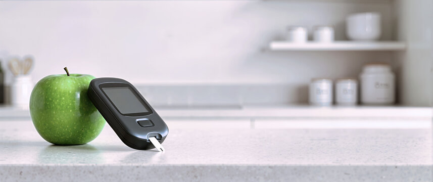 Dark gray glucometer and fresh green apple on a kitchen counter. Blood sugar monitoring and healthy diet for diabetes management. Copy space for text