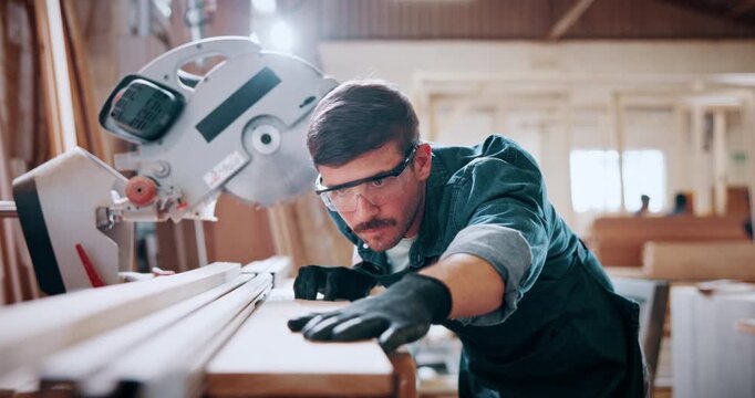 Carpentry, measure and man in workshop for project, planning or manufacturing furniture. Industry, small business and male woodworker with timber material and saw machine for production in factory.